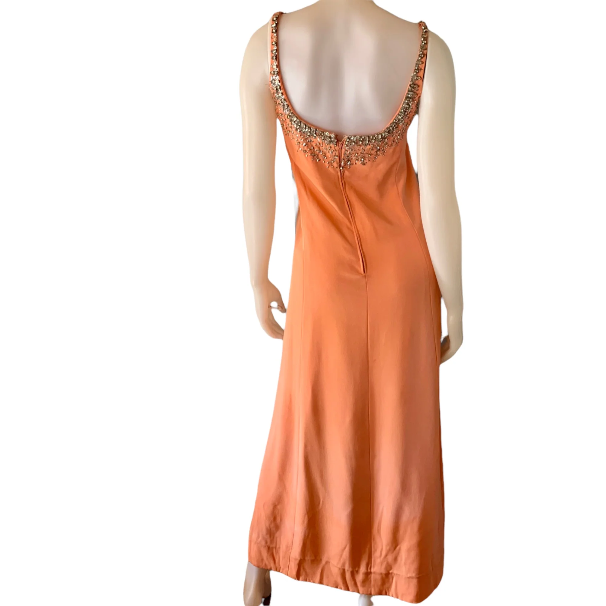 Vintage 60s Rhinestone Embellished Long Dress Small Maxi Tank Column Orange - Image 2