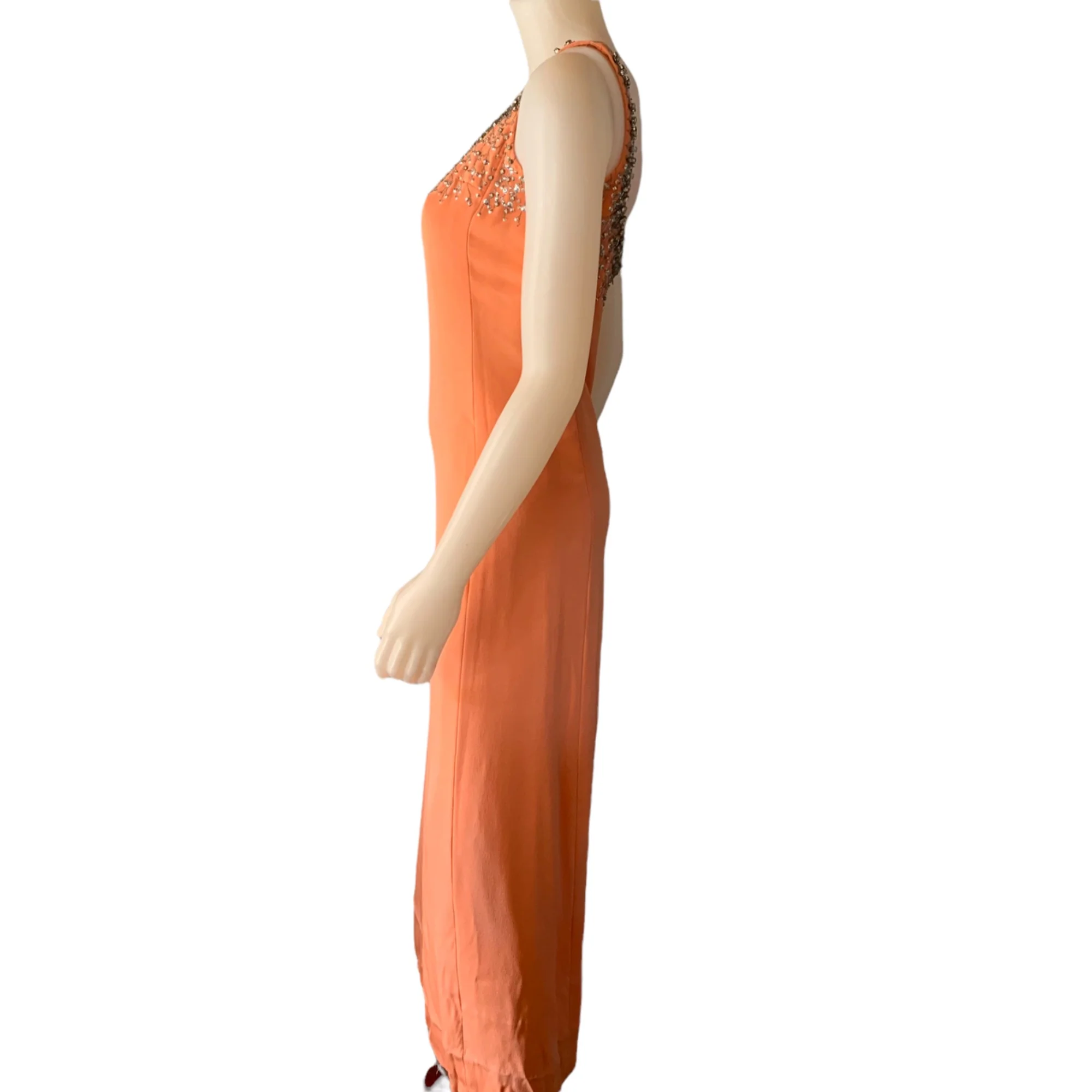Vintage 60s Rhinestone Embellished Long Dress Small Maxi Tank Column Orange - Image 3
