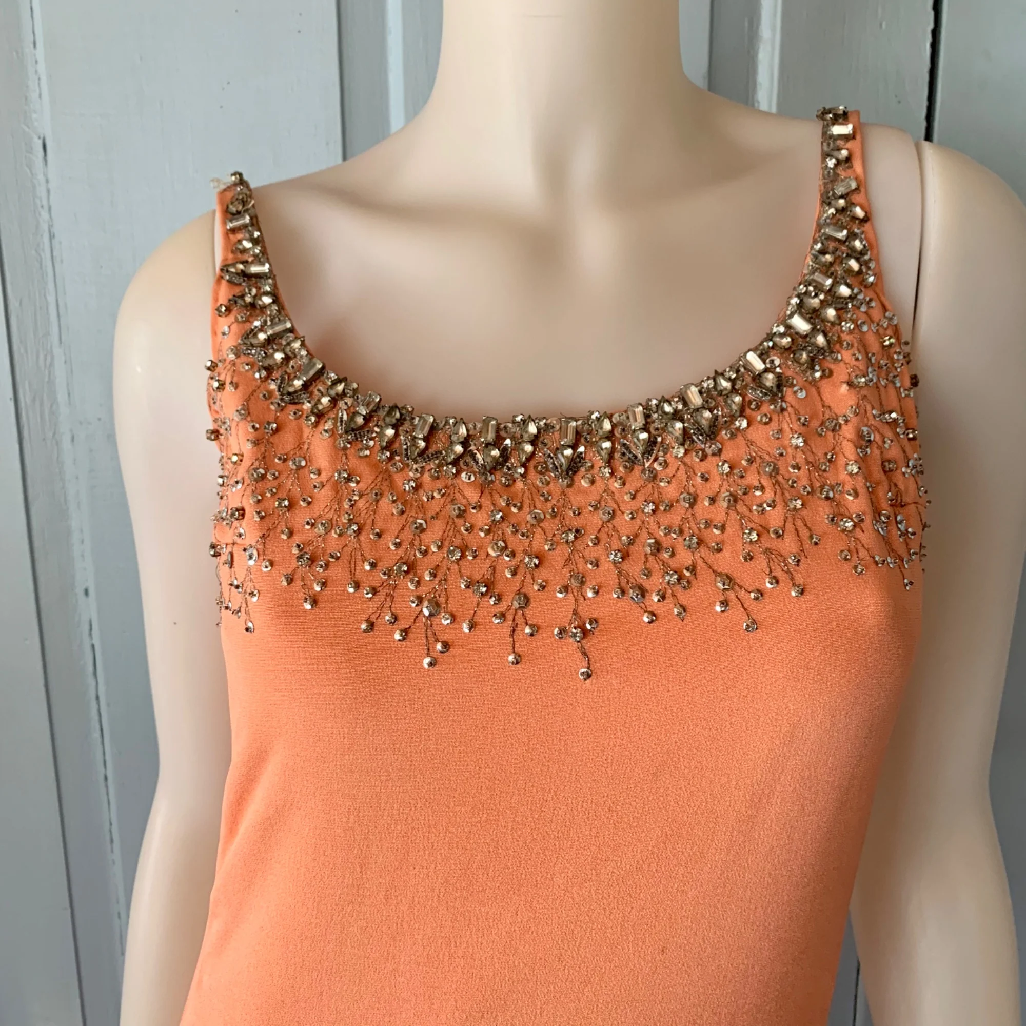 Vintage 60s Rhinestone Embellished Long Dress Small Maxi Tank Column Orange - Image 4