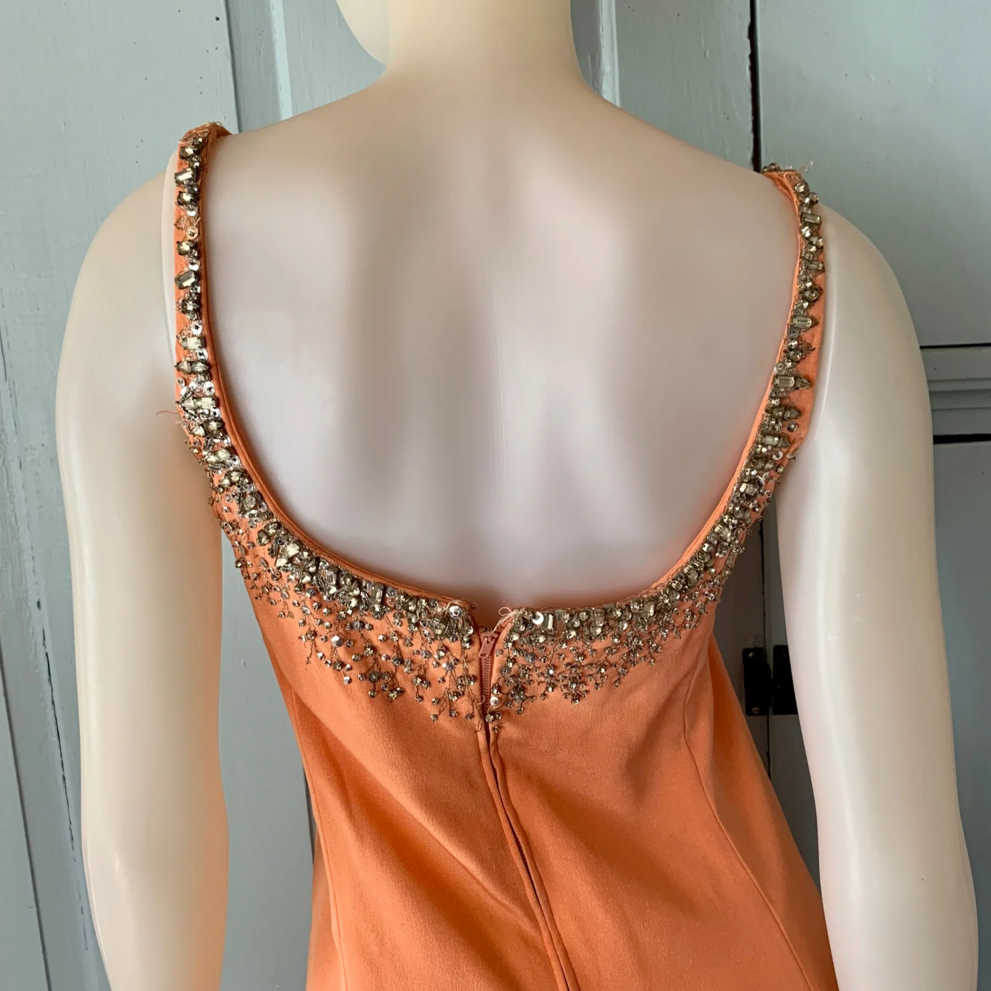 Vintage 60s Rhinestone Embellished Long Dress Small Maxi Tank Column Orange - Image 7