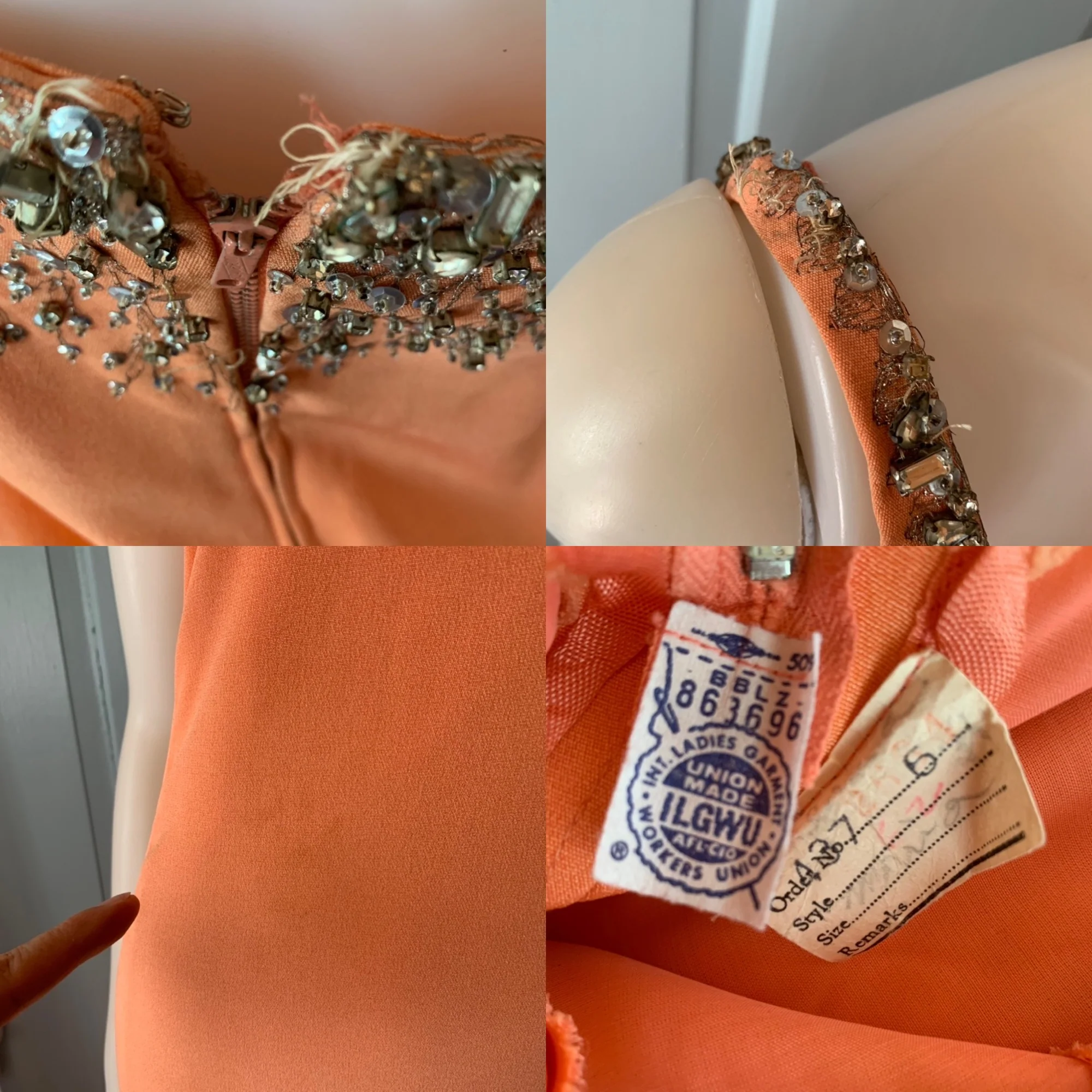 Vintage 60s Rhinestone Embellished Long Dress Small Maxi Tank Column Orange - Image 9