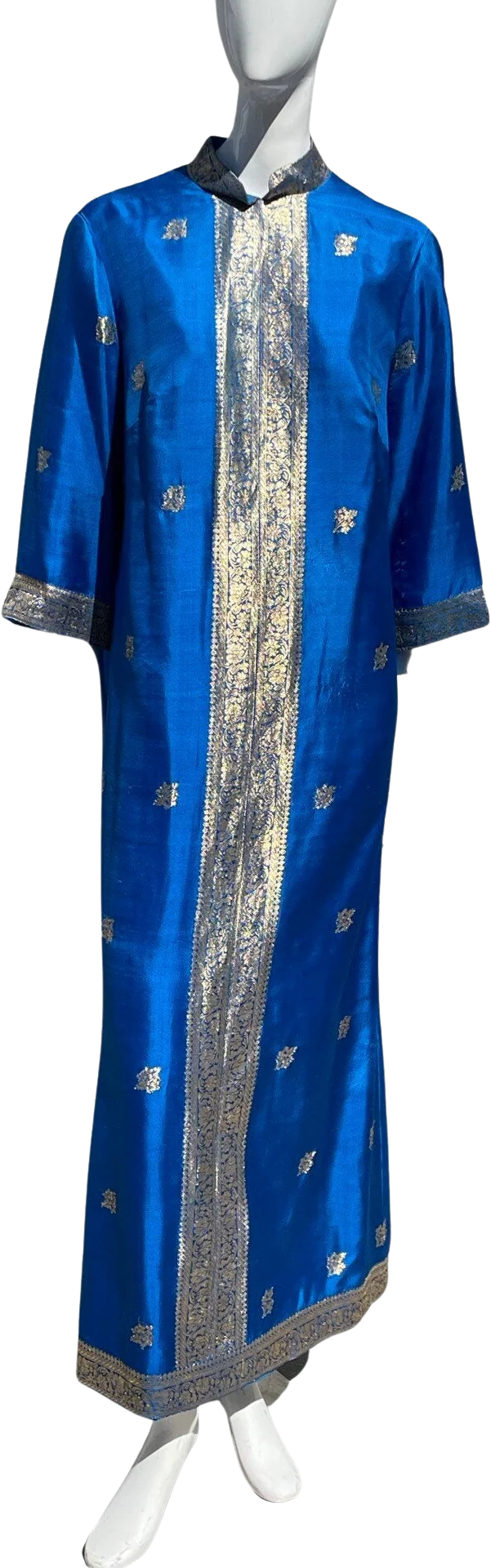 Vintage 60s Royal Blue and Gold Damask Brocade Maxi Dress Hostess Mod Silk Gown Classic Size 10