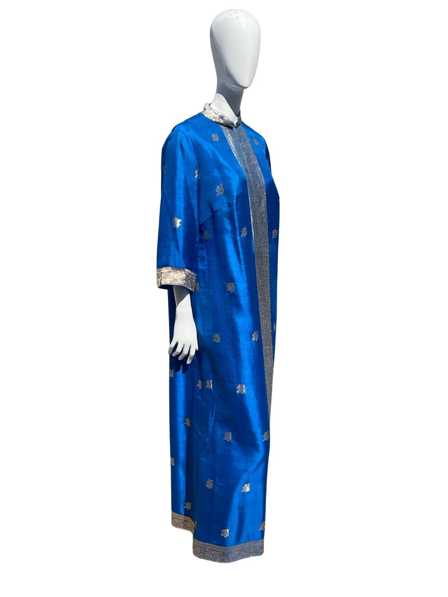Vintage 60s Royal Blue and Gold Damask Brocade Maxi Dress Hostess Mod Silk Gown Classic Size 10 - Image 4