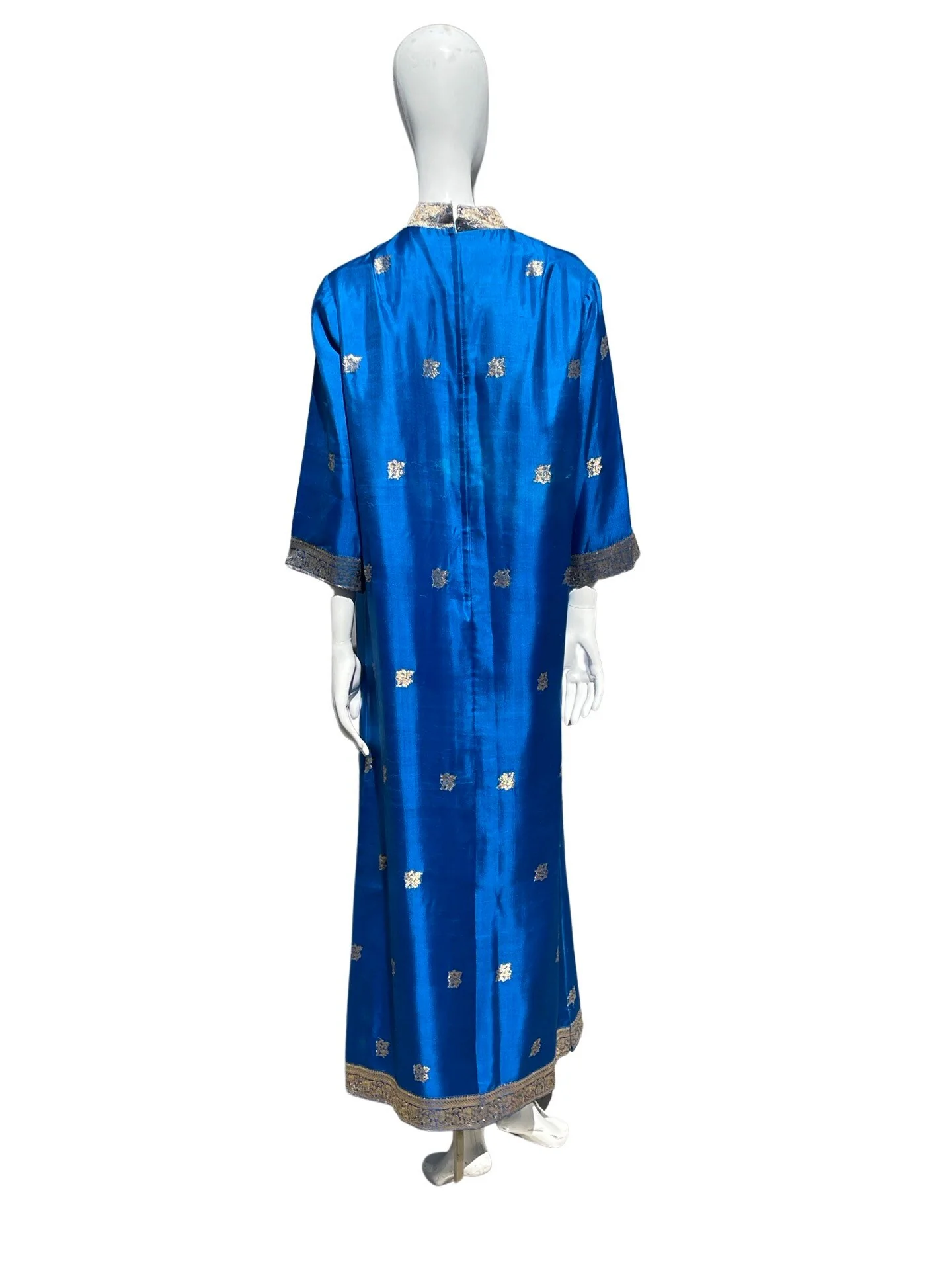 Vintage 60s Royal Blue and Gold Damask Brocade Maxi Dress Hostess Mod Silk Gown Classic Size 10 - Image 5