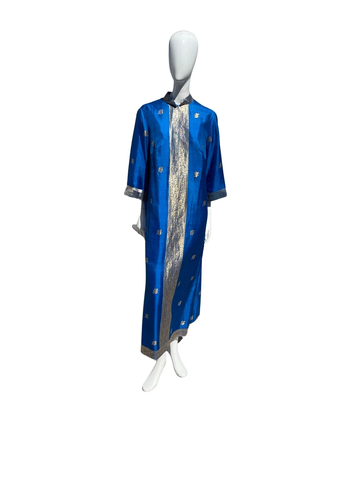 Vintage 60s Royal Blue and Gold Damask Brocade Maxi Dress Hostess Mod Silk Gown Classic Size 10 - Image 6