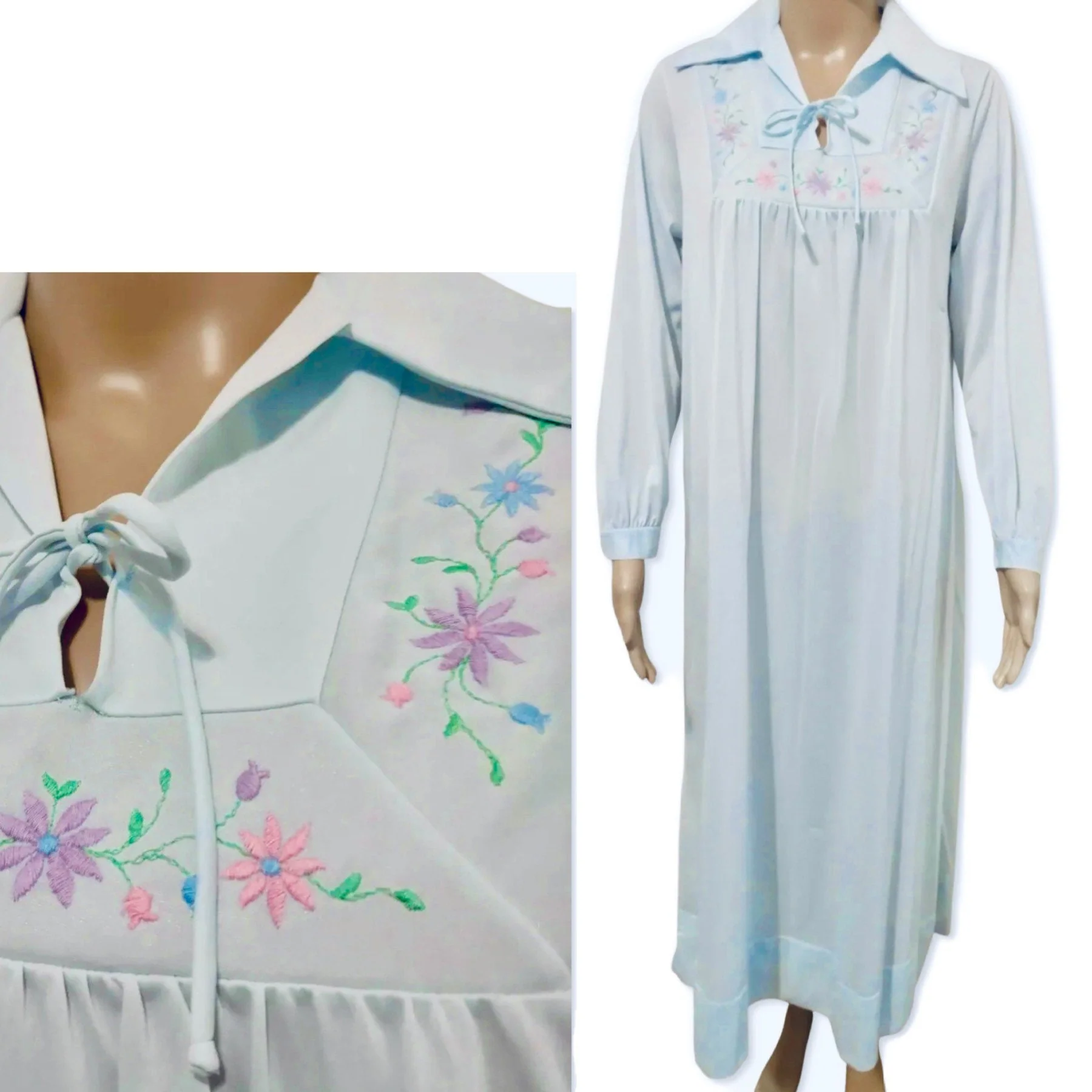 Vintage 60s Silky Light Blue Nylon Embroidered Night Dress - Image 3