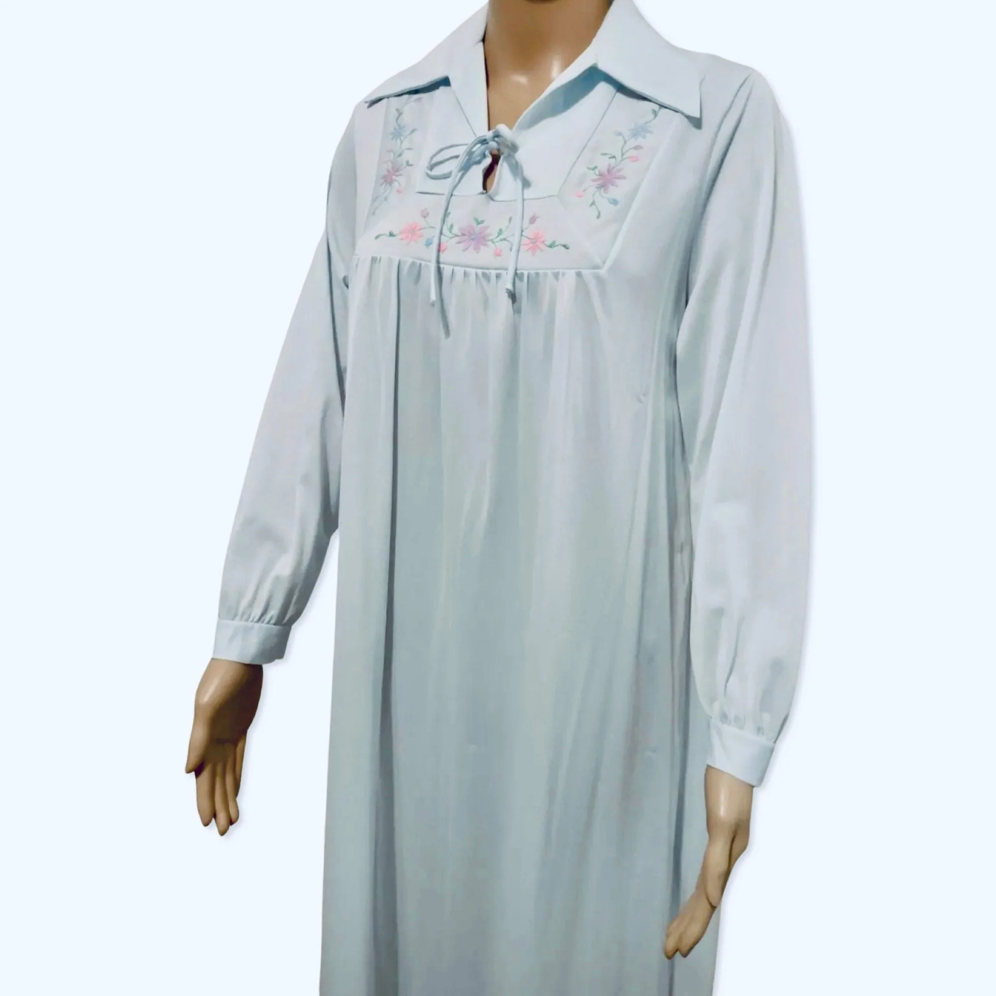 Vintage 60s Silky Light Blue Nylon Embroidered Night Dress - Image 8