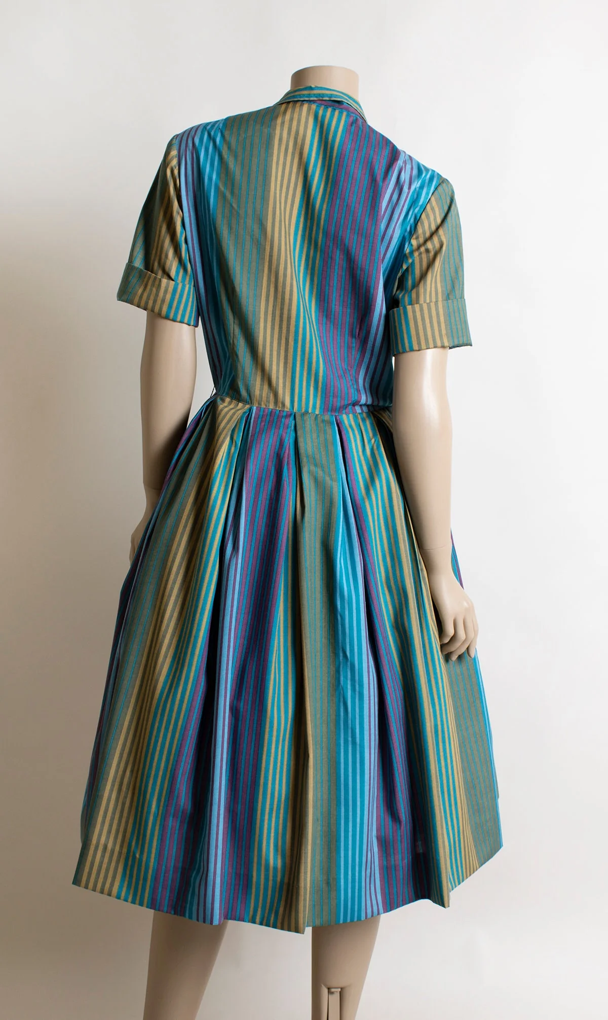 Vintage 60s Striped Day Dress - One Large Button Shirtwaist Shirtdress - Cool Tone Blue Purple Mustard Yellow Palm Fashions - Ombre Small - Image 3