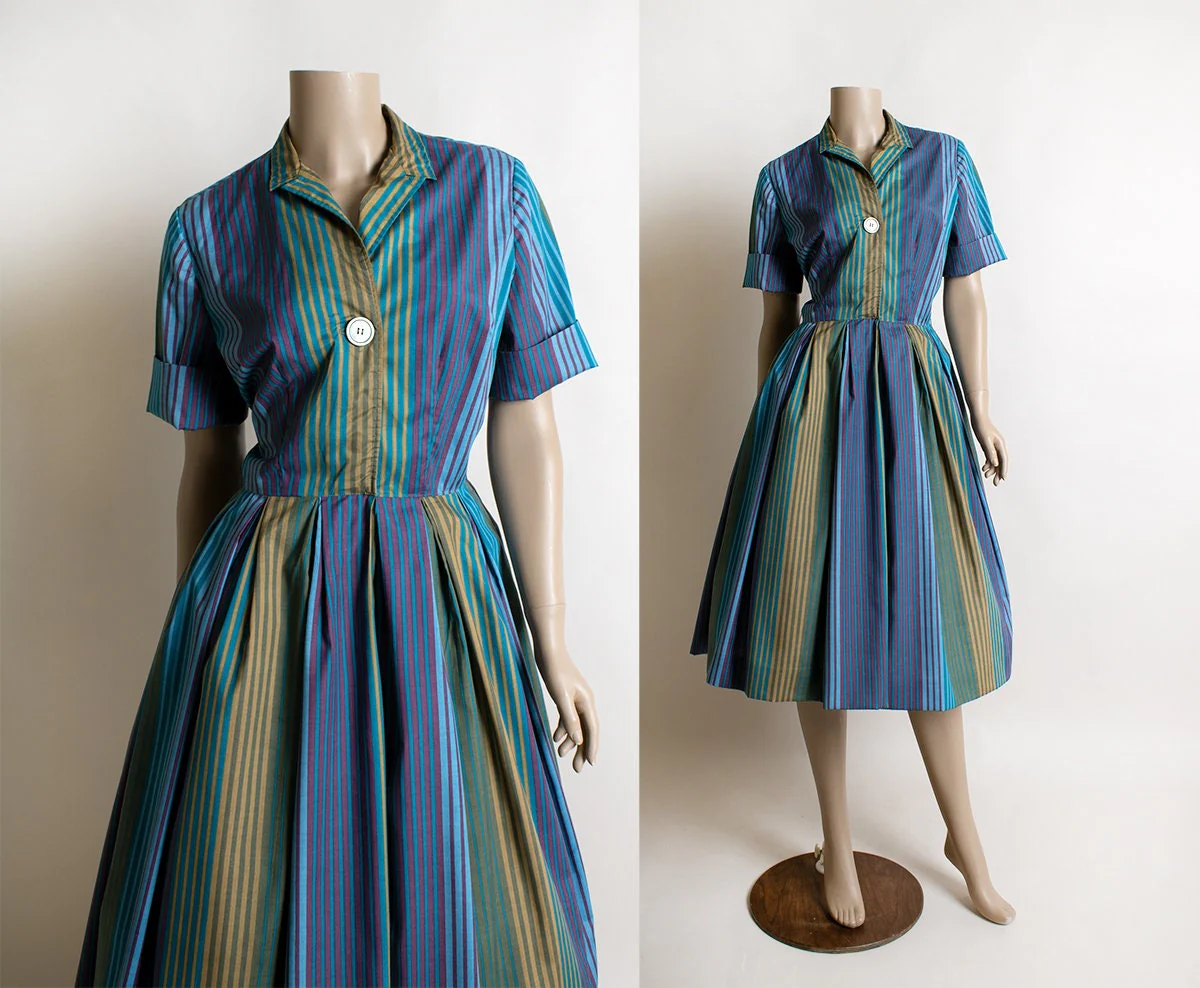 Vintage 60s Striped Day Dress - One Large Button Shirtwaist Shirtdress - Cool Tone Blue Purple Mustard Yellow Palm Fashions - Ombre Small - Image 4