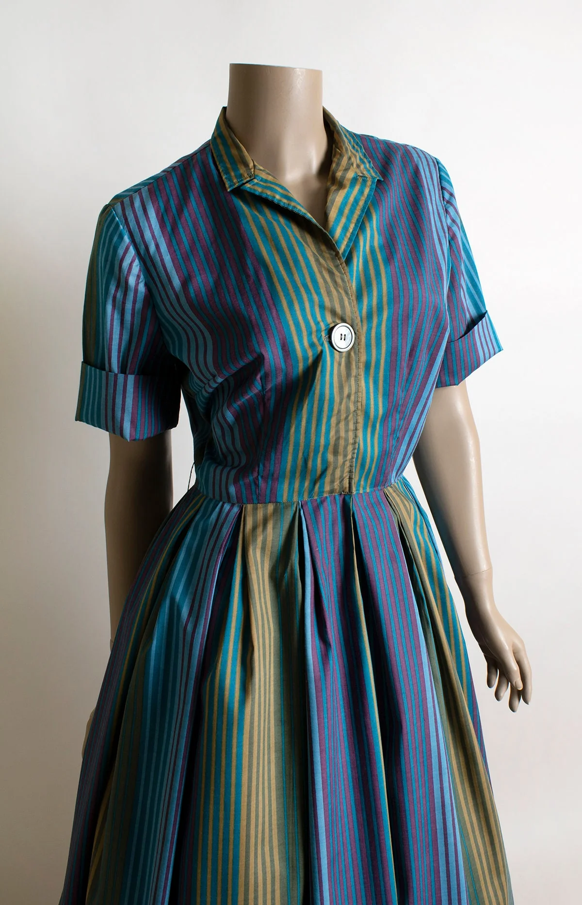 Vintage 60s Striped Day Dress - One Large Button Shirtwaist Shirtdress - Cool Tone Blue Purple Mustard Yellow Palm Fashions - Ombre Small - Image 5
