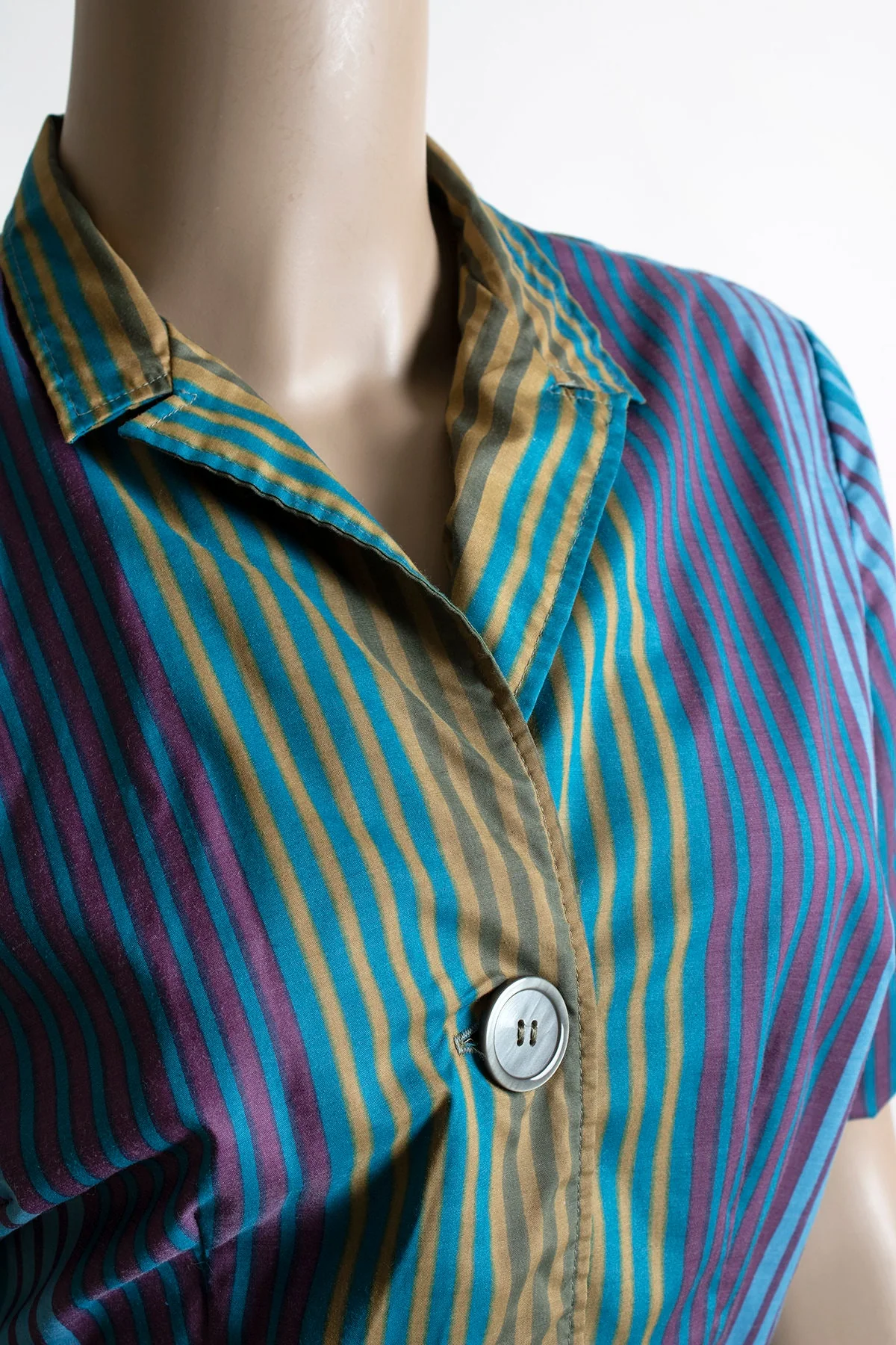 Vintage 60s Striped Day Dress - One Large Button Shirtwaist Shirtdress - Cool Tone Blue Purple Mustard Yellow Palm Fashions - Ombre Small - Image 6