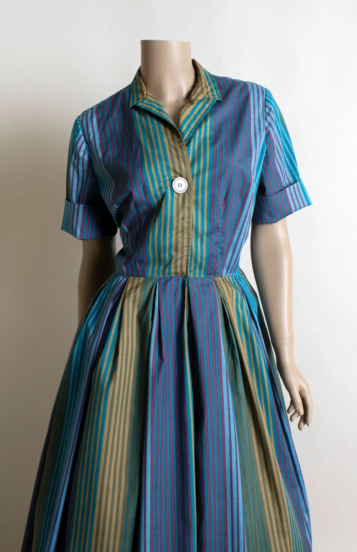 Vintage 60s Striped Day Dress - One Large Button Shirtwaist Shirtdress - Cool Tone Blue Purple Mustard Yellow Palm Fashions - Ombre Small - Image 7