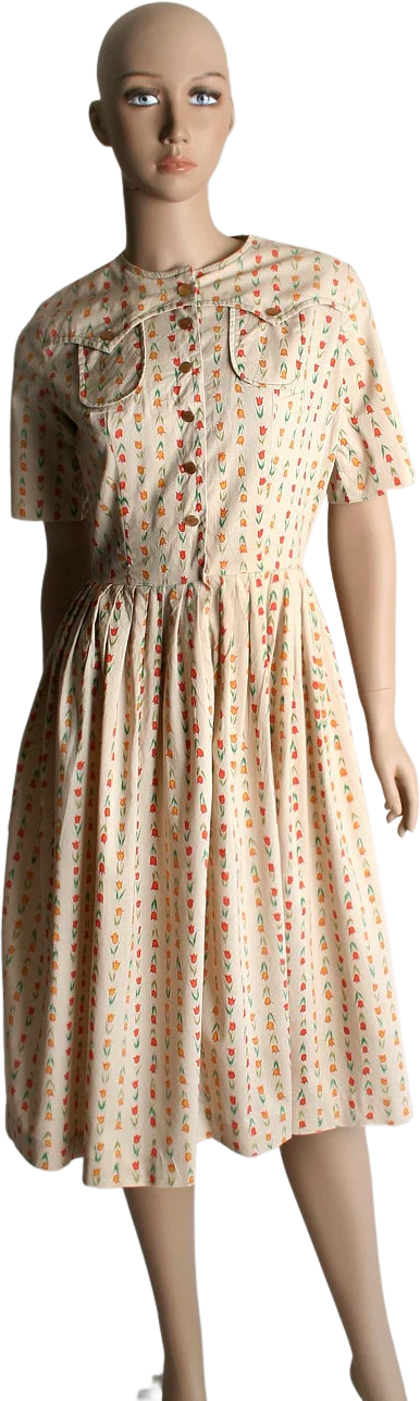 Vintage 60s Tulip Print Dress Cotton Oatmeal Floral Striped Print Day Dress Small To Medium