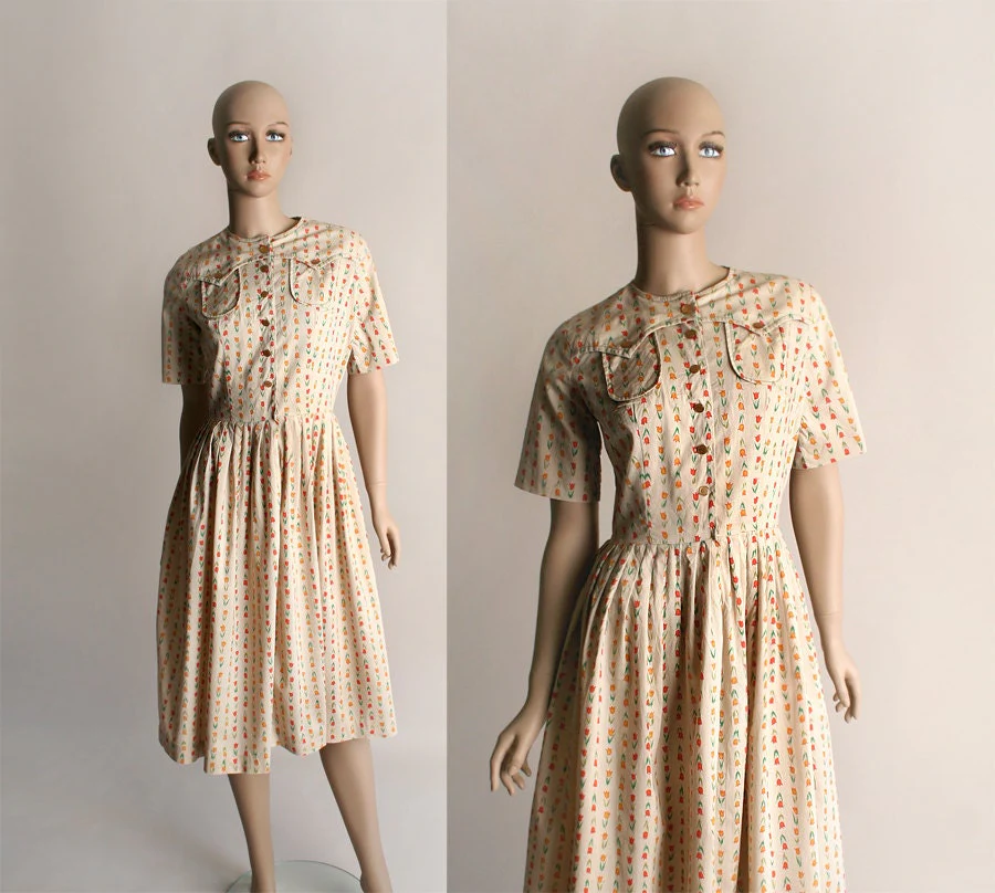 Vintage 60s Tulip Print Dress Cotton Oatmeal Floral Striped Print Day Dress Small To Medium - Image 3