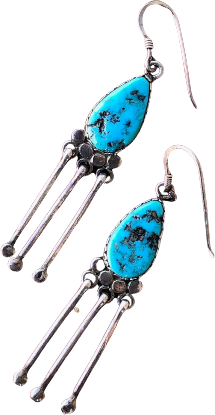 Vintage 60s Turquoise Silver Dangling Earrings Pierced