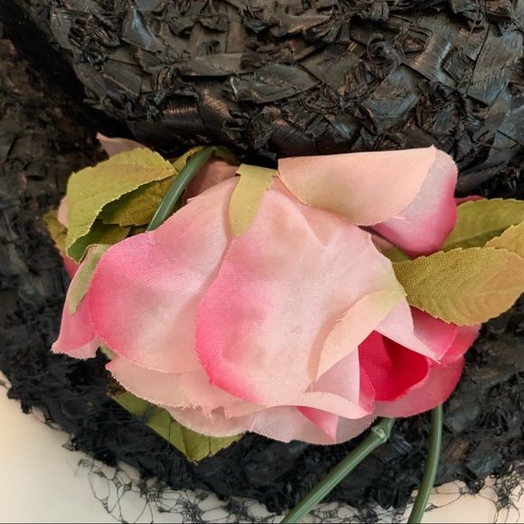 Vintage 60s Veiled Hat Black Tufted Faux Straw with Rose - Image 2