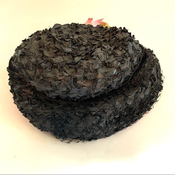 Vintage 60s Veiled Hat Black Tufted Faux Straw with Rose - Image 6