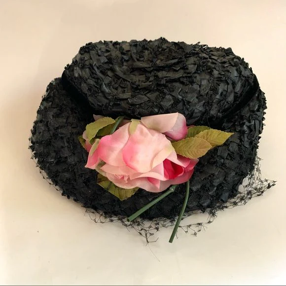 Vintage 60s Veiled Hat Black Tufted Faux Straw with Rose - Image 8