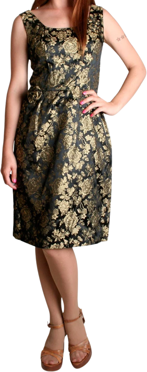 Vintage 60s Wiggle Dress Black and Gold Rose Floral Cocktail Dress Medium