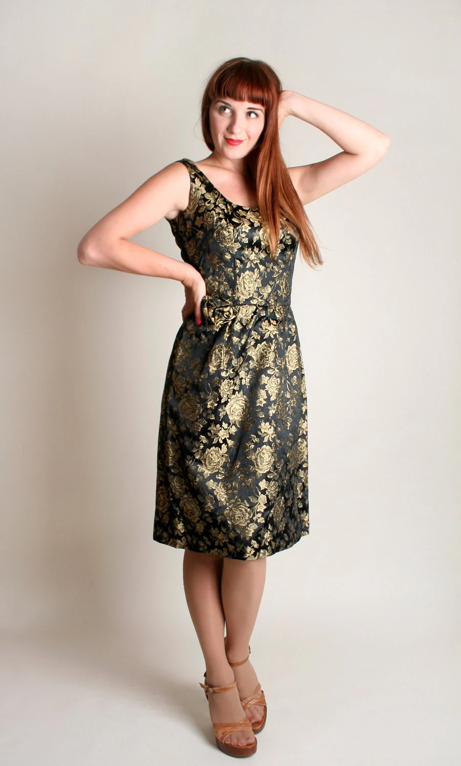 Vintage 60s Wiggle Dress Black and Gold Rose Floral Cocktail Dress Medium - Image 4