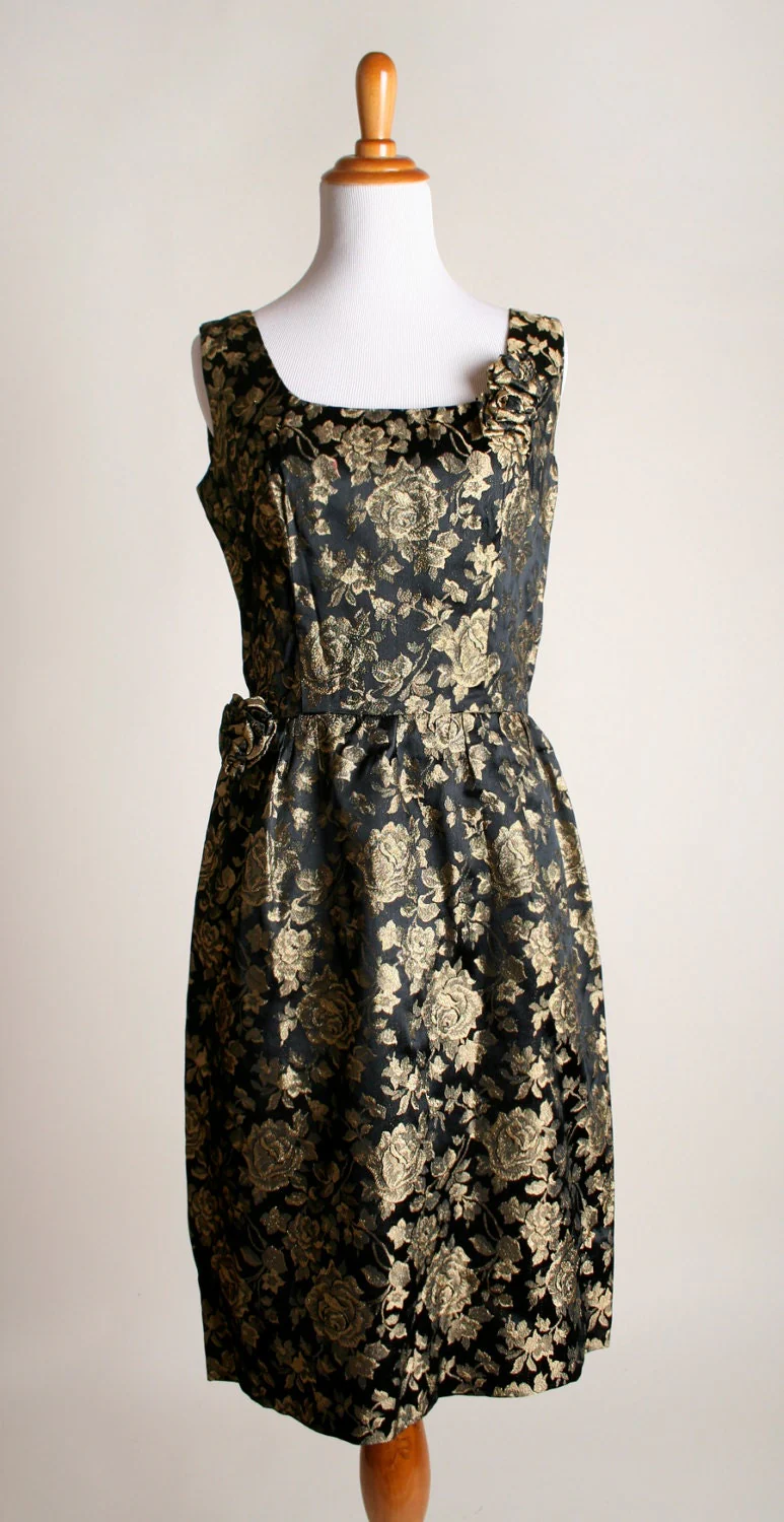 Vintage 60s Wiggle Dress Black and Gold Rose Floral Cocktail Dress Medium - Image 5