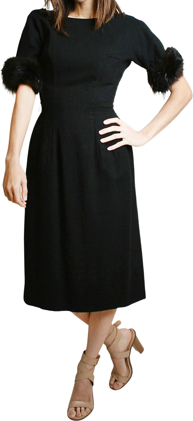 Vintage 60s Wiggle Dress Fur Trimmed Cuffs Black Cocktail Party Evening Hourglass Figure Bombshell Dress Small Xs