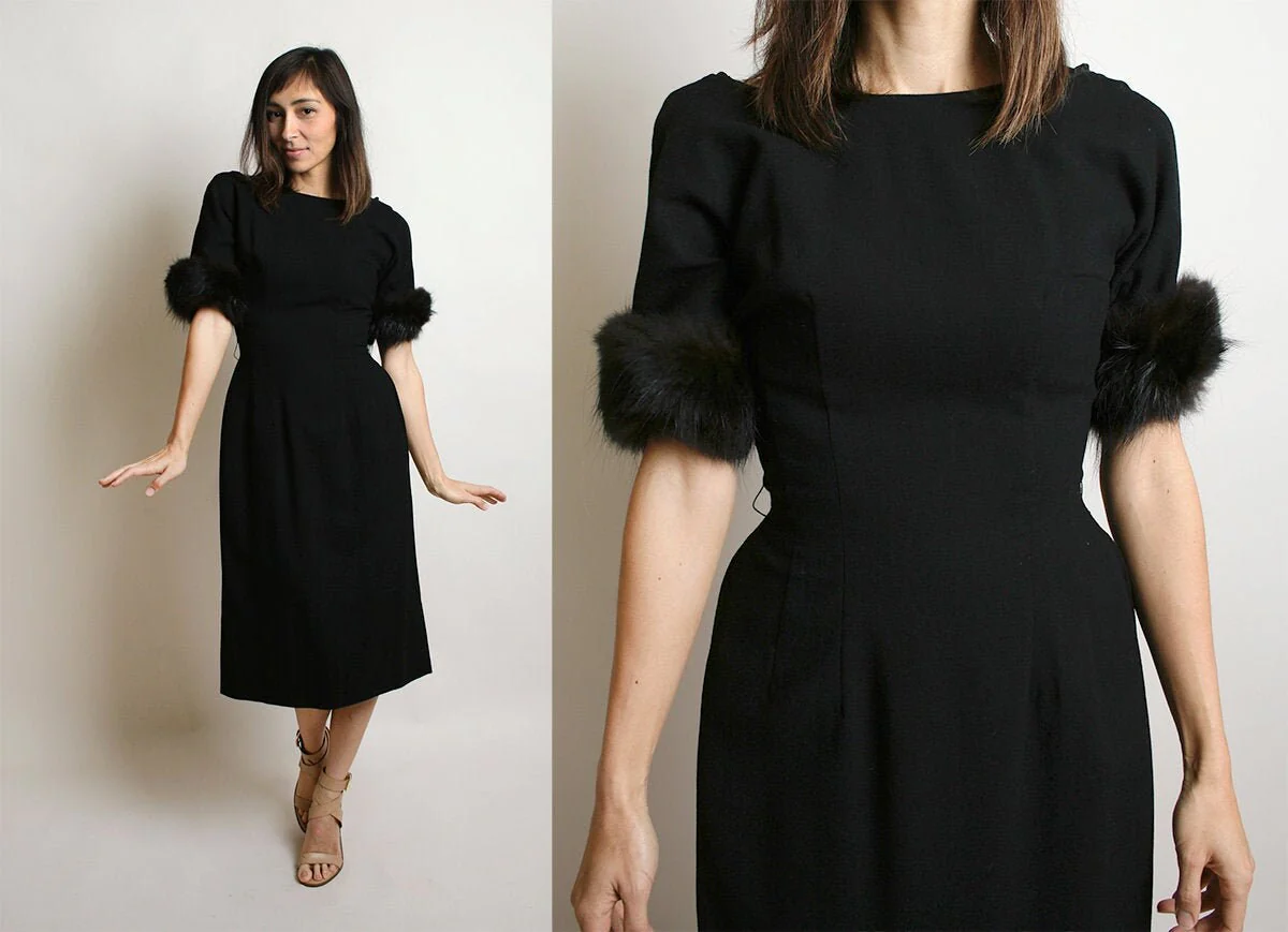 Vintage 60s Wiggle Dress Fur Trimmed Cuffs Black Cocktail Party Evening Hourglass Figure Bombshell Dress Small Xs - Image 4