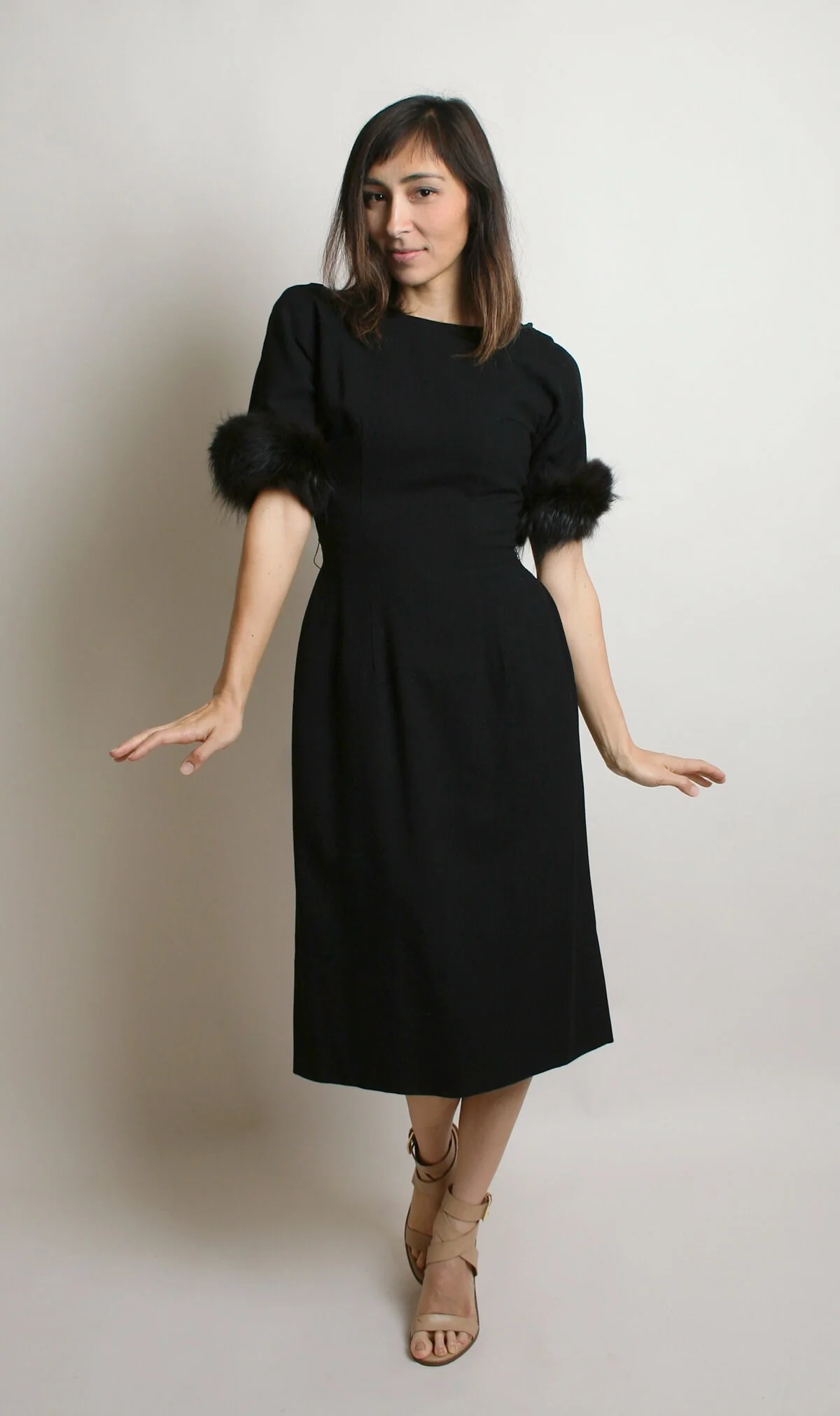 Vintage 60s Wiggle Dress Fur Trimmed Cuffs Black Cocktail Party Evening Hourglass Figure Bombshell Dress Small Xs - Image 8