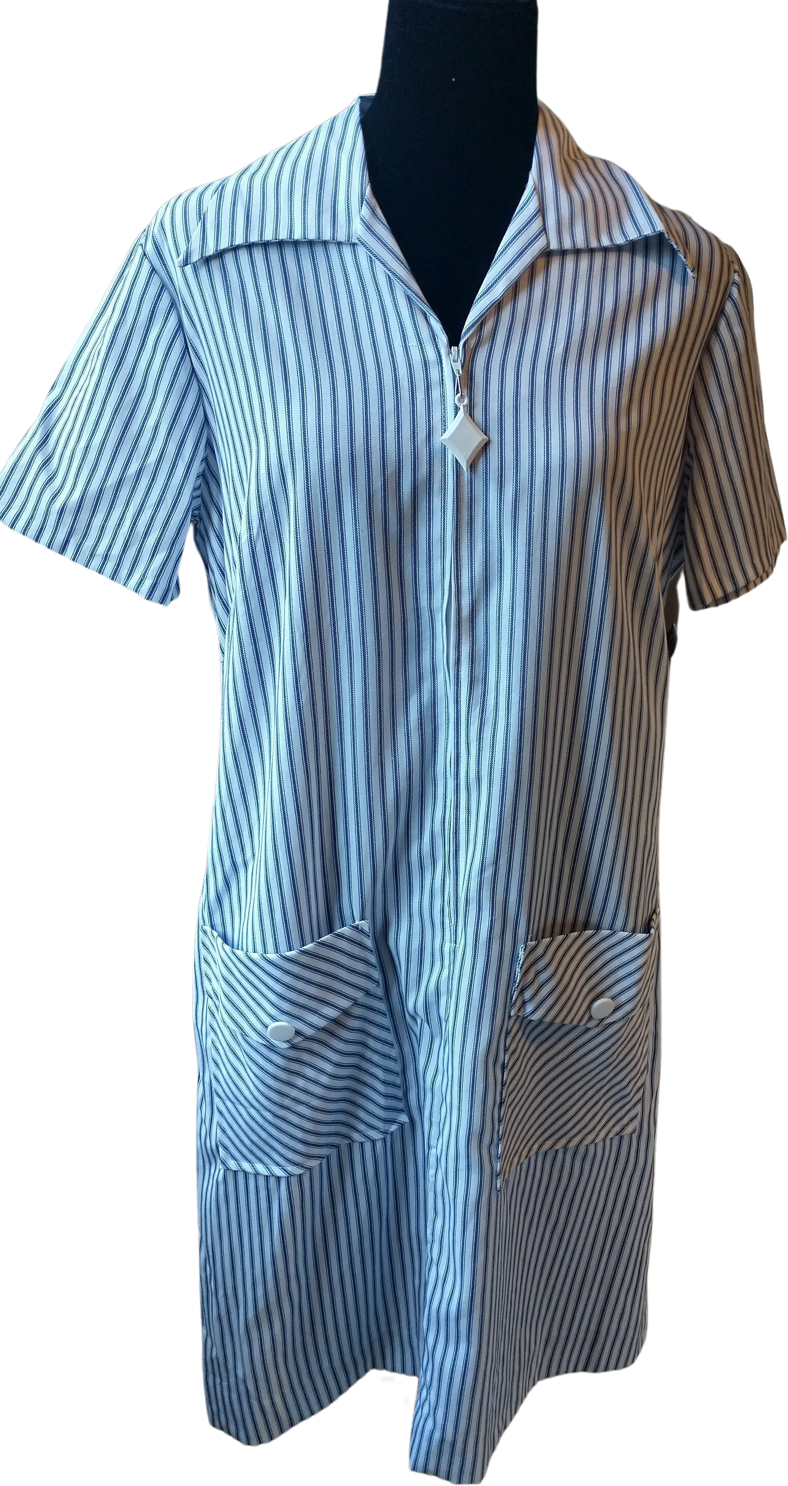 Vintage 60s Women's Shift Blue and White Stripe Cotton/rayon House Dress Zipper Pull Women's Medium To Large Union Label by Sears