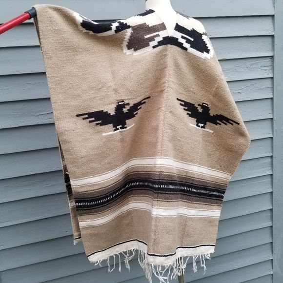 Vintage 60s Wool American Double Thunderbird Eagle Serape Jorongo Poncho - Image 4