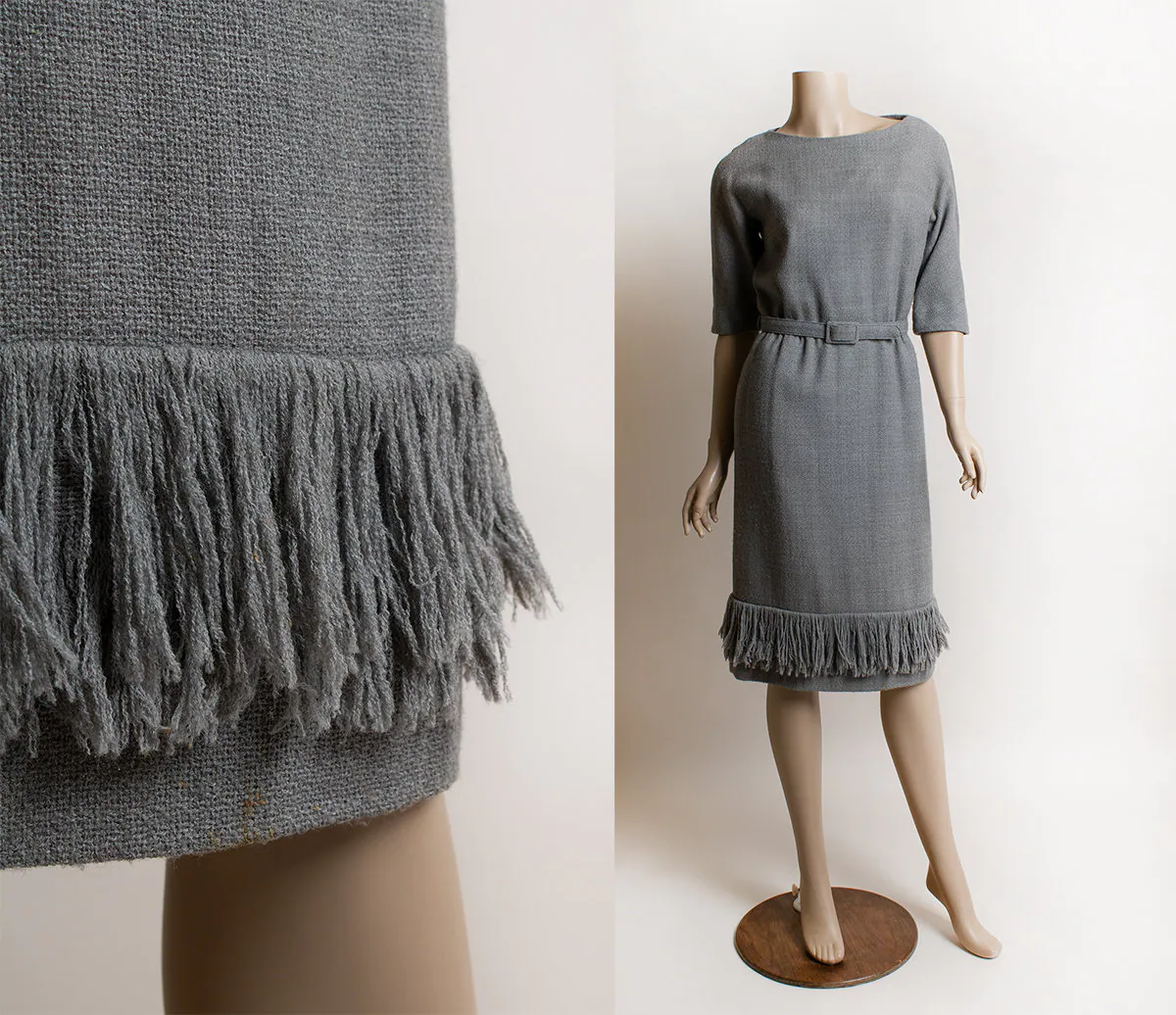 Vintage 60s Wool Dress Eve Le Coq Gray Fitted Wiggle Pencil Dress with Fringe Hem Belt Small by Eve Le Coq - Image 3