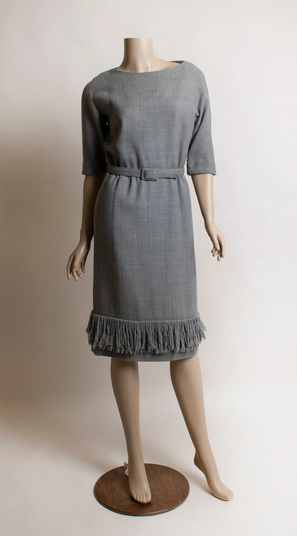 Vintage 60s Wool Dress Eve Le Coq Gray Fitted Wiggle Pencil Dress with Fringe Hem Belt Small by Eve Le Coq - Image 4
