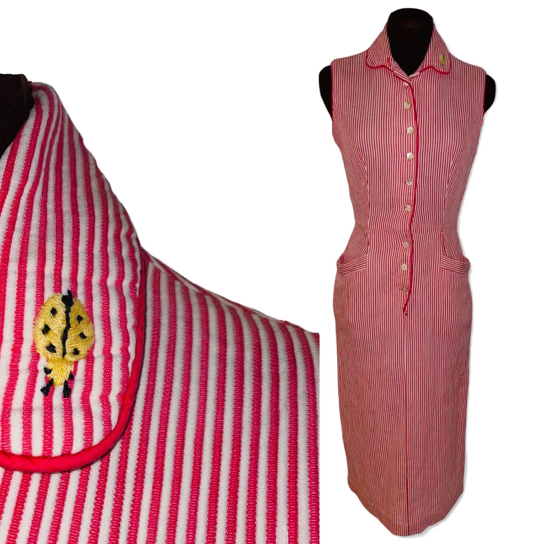 Vintage 60s Xs Pink and White Striped Wiggle Dress with Ladybug Embroidered Accent - Image 6