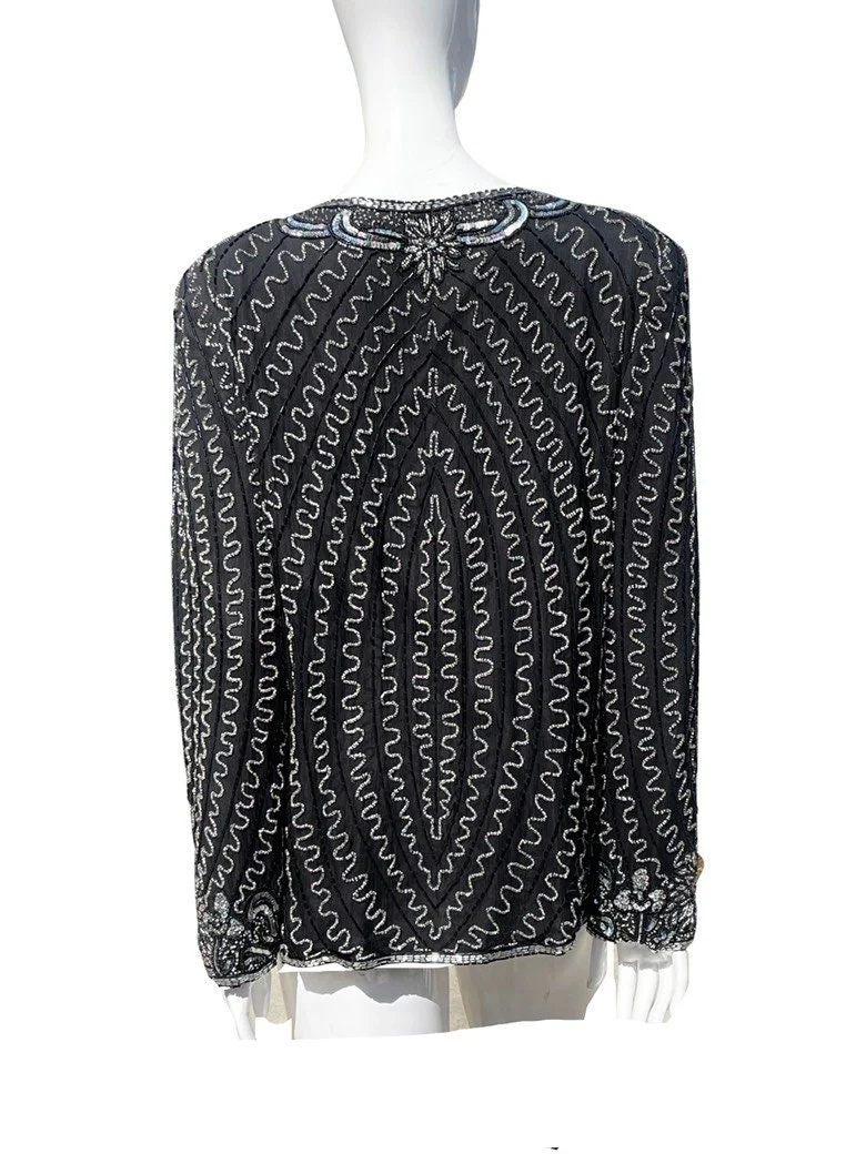Vintage 70-80s Disco Sequin Blouse Zig Zag Waverly Pattern Design Size M Party Top Silk - Image 2