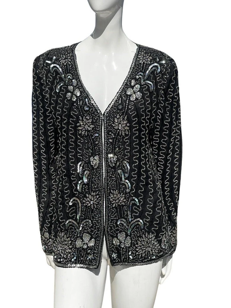 Vintage 70-80s Disco Sequin Blouse Zig Zag Waverly Pattern Design Size M Party Top Silk - Image 3