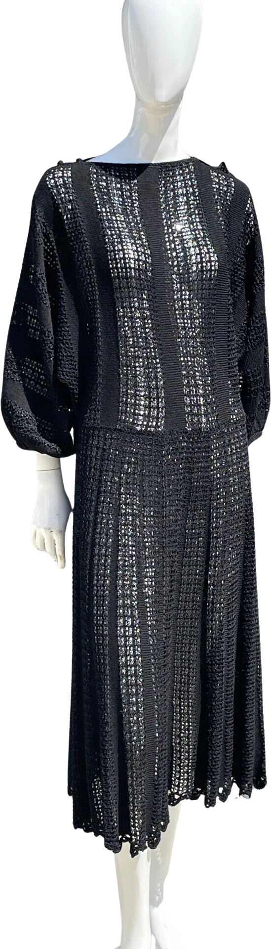 Vintage 70-80s Hand Crocheted Black Dress Cocktail Sheer Party Large Size Sexy Flirty Dancers Skirt Bubble Quarter Length Sleeves