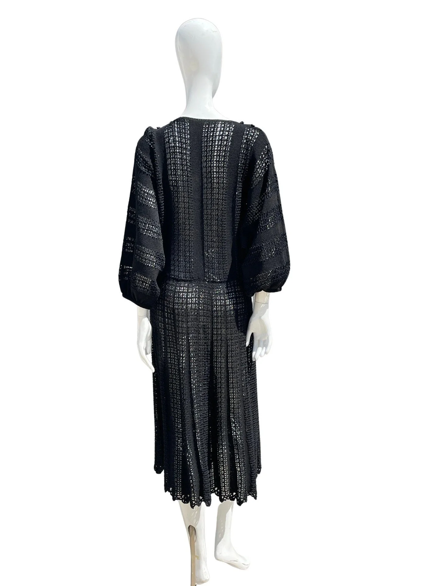 Vintage 70-80s Hand Crocheted Black Dress Cocktail Sheer Party Large Size Sexy Flirty Dancers Skirt Bubble Quarter Length Sleeves - Image 3
