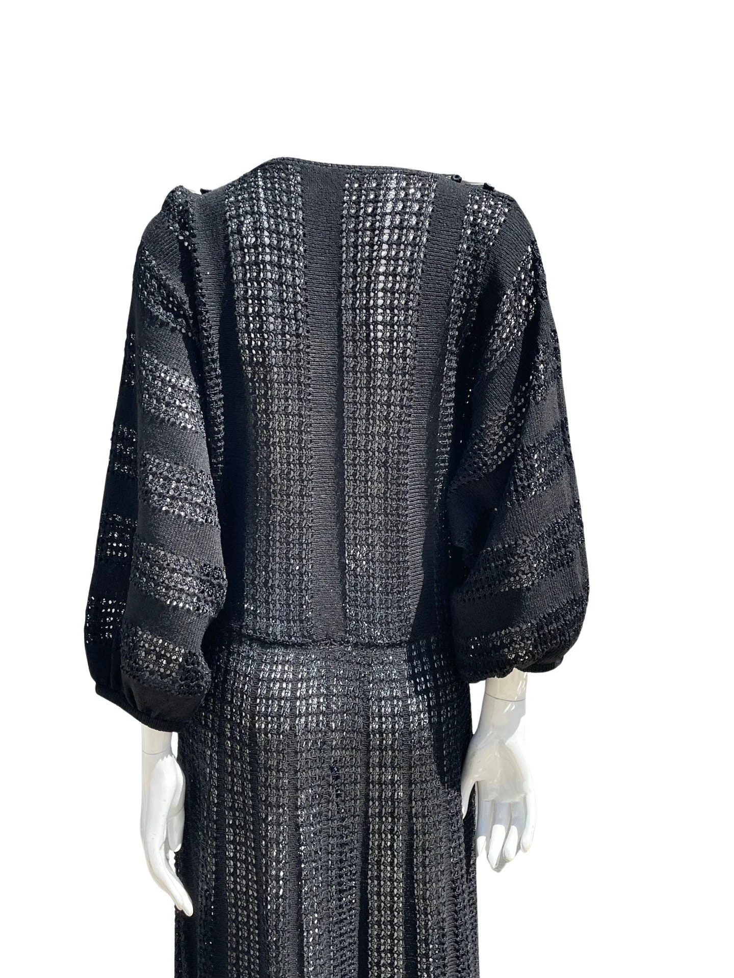 Vintage 70-80s Hand Crocheted Black Dress Cocktail Sheer Party Large Size Sexy Flirty Dancers Skirt Bubble Quarter Length Sleeves - Image 4