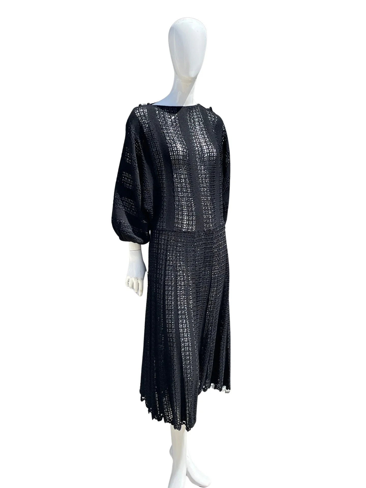 Vintage 70-80s Hand Crocheted Black Dress Cocktail Sheer Party Large Size Sexy Flirty Dancers Skirt Bubble Quarter Length Sleeves - Image 7