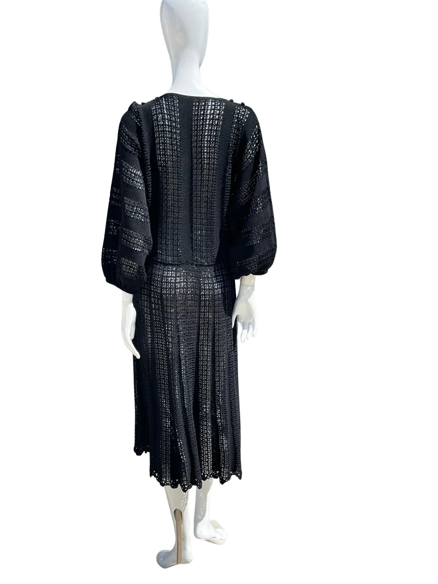 Vintage 70-80s Hand Crocheted Black Dress Cocktail Sheer Party Large Size Sexy Flirty Dancers Skirt Bubble Quarter Length Sleeves - Image 8