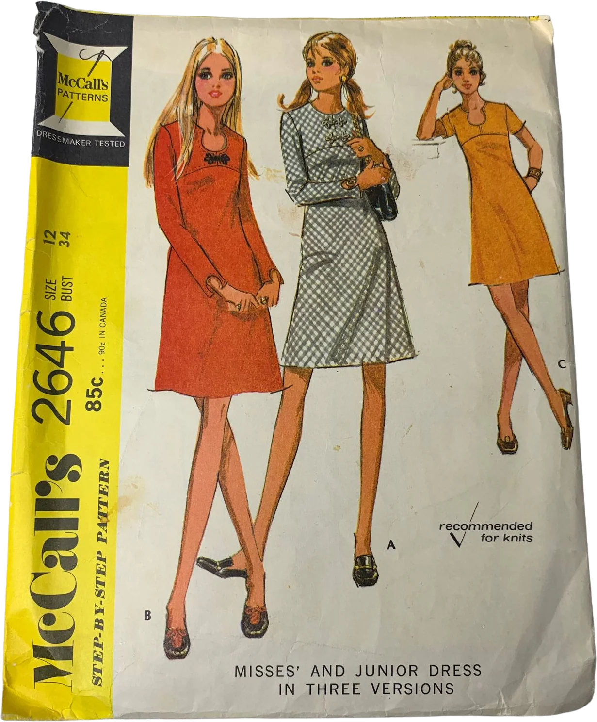 Vintage 70s 2646 Pattern Junior Misses 8-16 Dress Three Versions Cut by McCall's