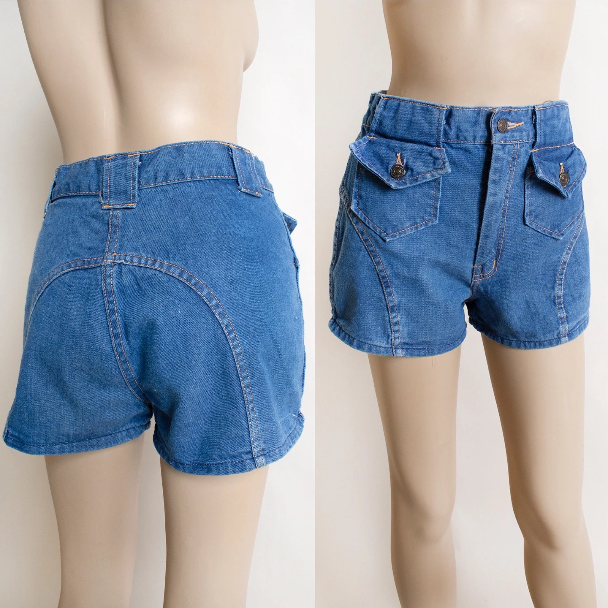 Vintage 70s 80s Denim Jean Shorts - Front Flap Pockets - Back Rainbow Arch Stitch - 70s Style - Eleda Small Medium 28" Waist by Eleda - Image 4