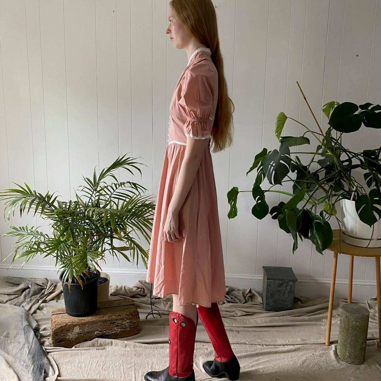 Vintage 70s 80s Gunne Sax Dusty Pink Puff Sleeve Prarie Lace Dress by Gunne Sax - Image 3
