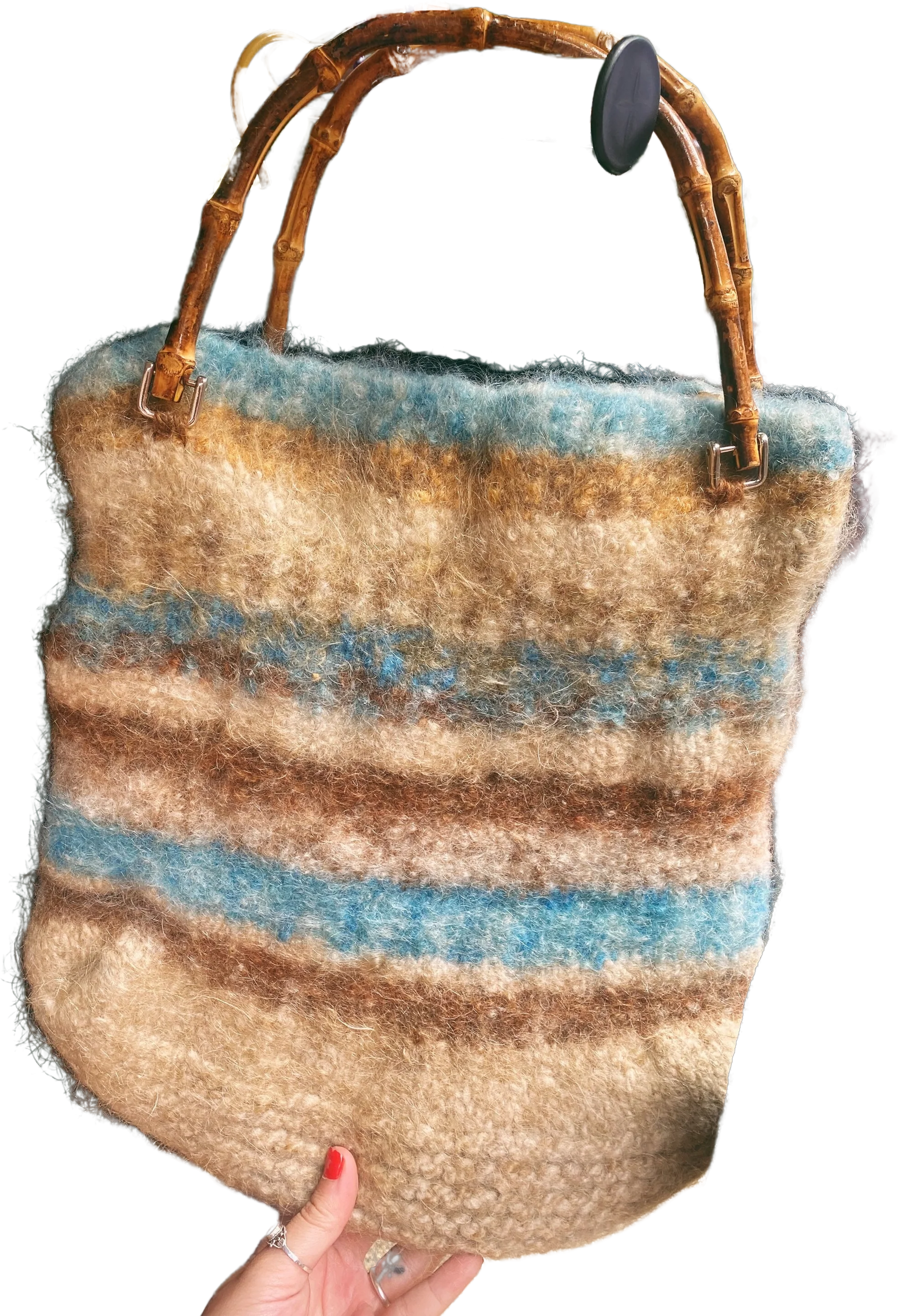 Vintage 70s 80s Handmade Carpet Retro Floral Lined Bamboo Handle Bag Tote Purse An Original by Vivienne Mcgarry