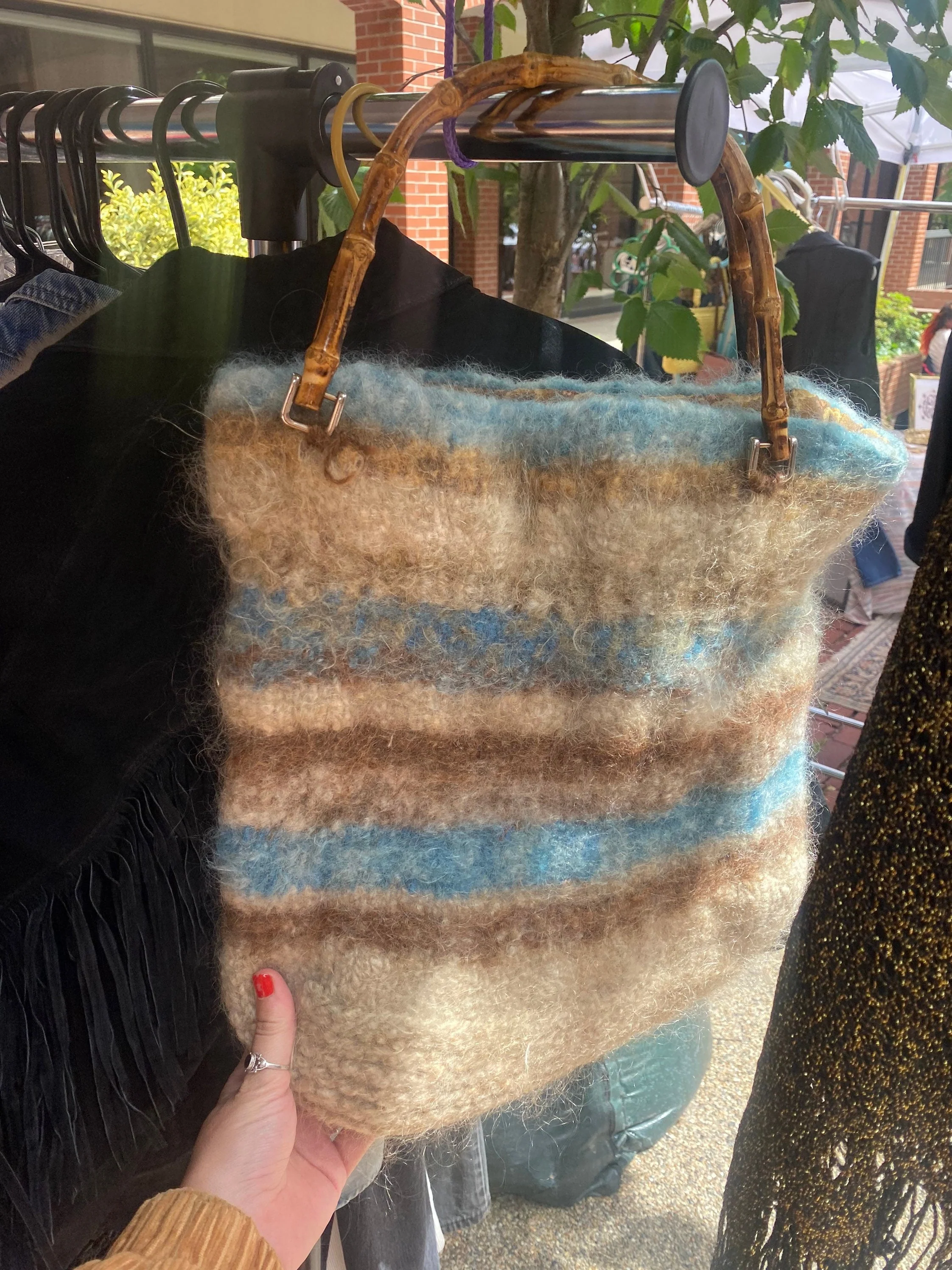 Vintage 70s 80s Handmade Carpet Retro Floral Lined Bamboo Handle Bag Tote Purse An Original by Vivienne Mcgarry - Image 2