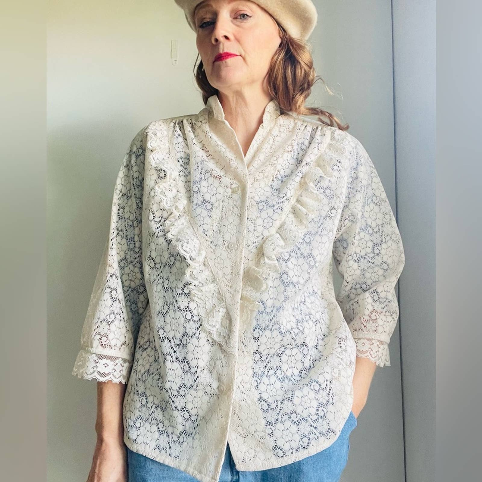 Vintage 70s 80s Lace Blouse Cream Regency Victorian Styling Medium Neutral by Carefree Fashion - Image 12