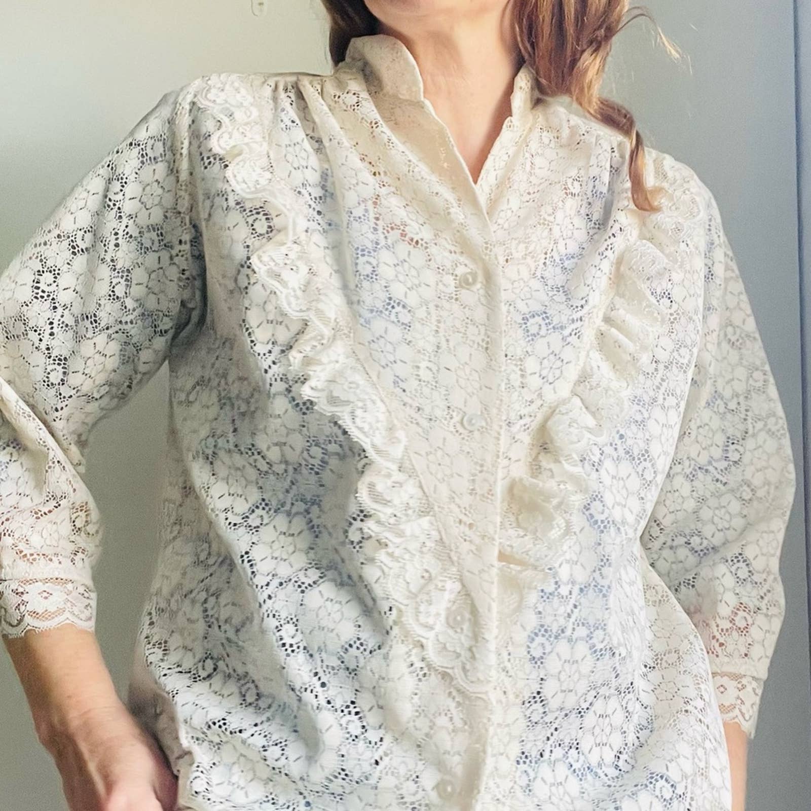 Vintage 70s 80s Lace Blouse Cream Regency Victorian Styling Medium Neutral by Carefree Fashion - Image 13