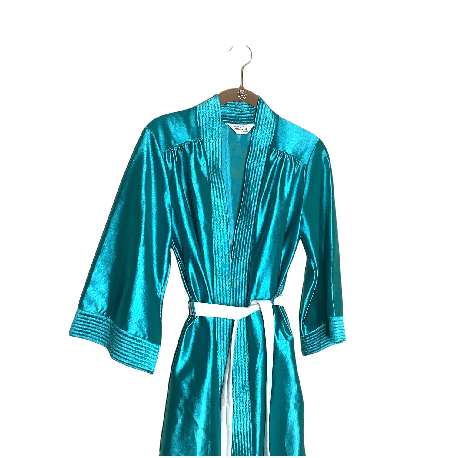 Vintage 70s 80s Robe Teal Shiny Satin Disco Glam Quilt Trim Dressing Gown Belted by That Look - Image 4