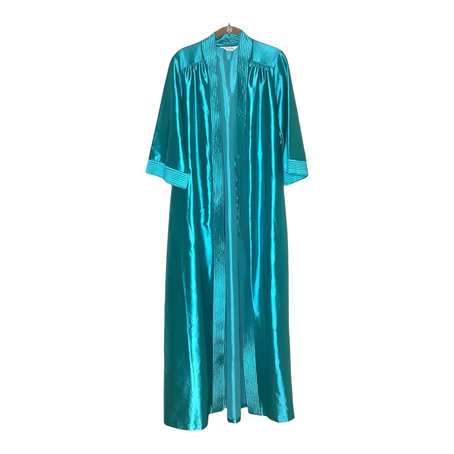 Vintage 70s 80s Robe Teal Shiny Satin Disco Glam Quilt Trim Dressing Gown Belted by That Look - Image 9