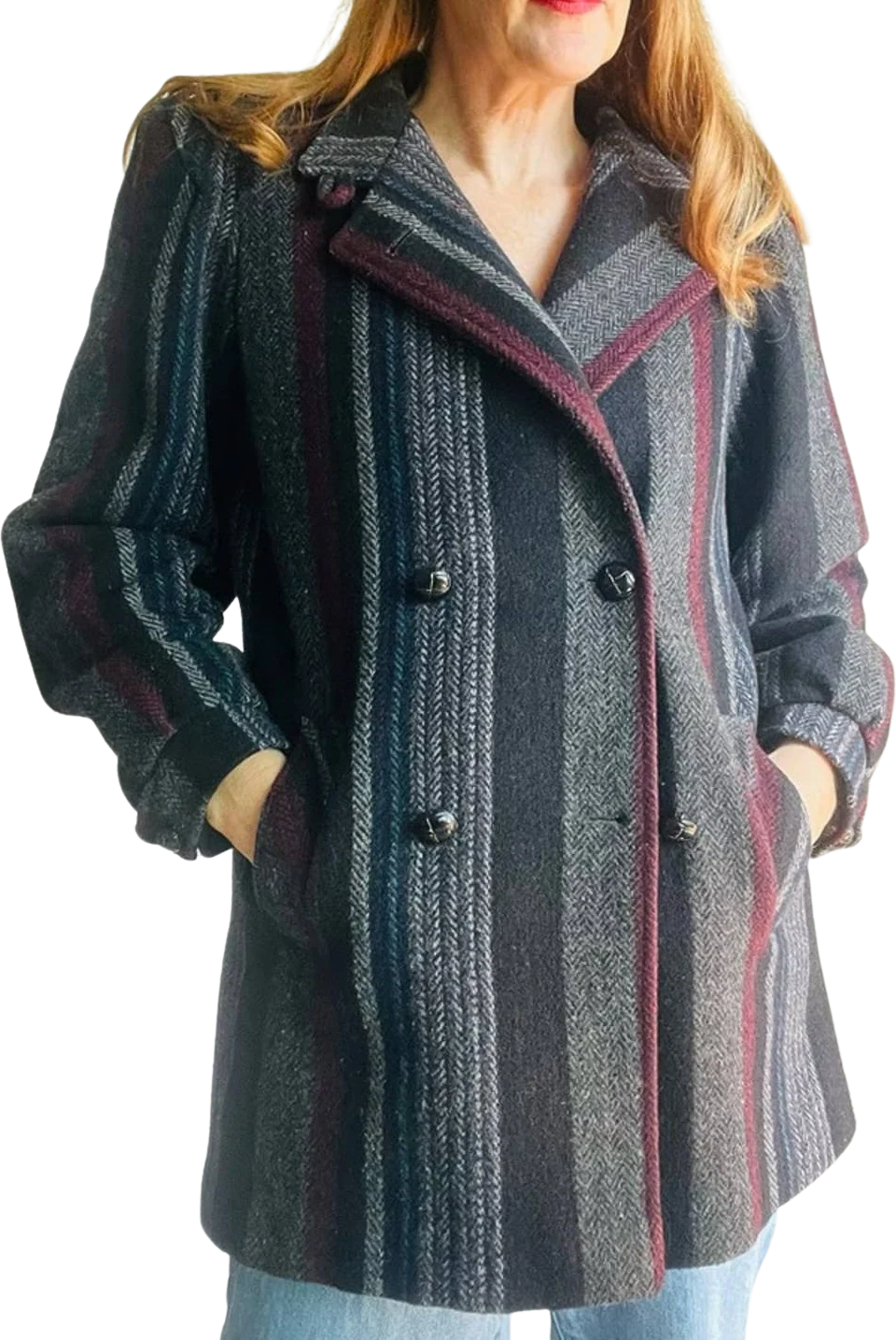 Vintage 70s 80s Wool Car Coat Striped Pocket Midi Length Gray/ Maroon/ Black M
